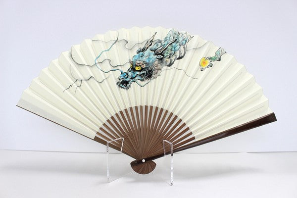 Japanese Blue Dragon Folding Fan Antibacterial Coating Four Sacred Beasts