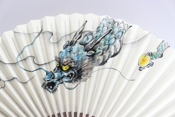 Japanese Blue Dragon Folding Fan Antibacterial Coating Four Sacred Beasts