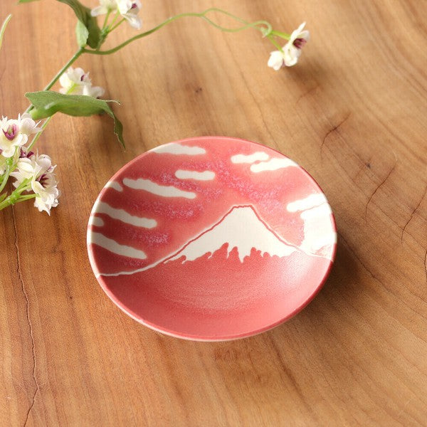 Red FUJI Small Plate, Mino Ware Good Luck Souvenir