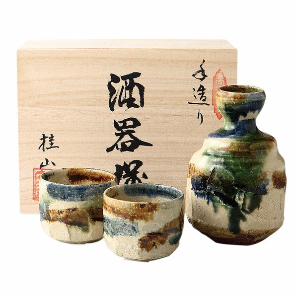 Handmade Mingei Oribe sake set by Keizan