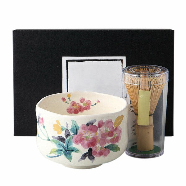 Manyo Flowers and Cherry Blossoms Small Matcha Bowl and Nodate Chasen Set