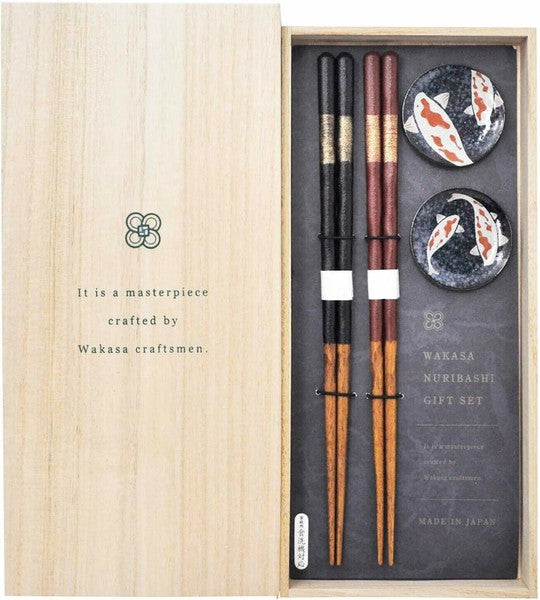 Nishiki Goi Yugetsu Couple Chopsticks and Rest Set Kawai in Paulownia Box
