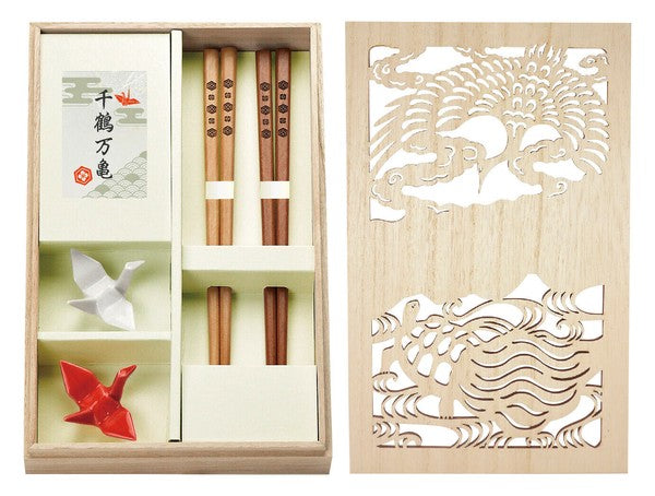 Chizurumakame Red and White Chopsticks and Rest Set from Japan for Everyday Use