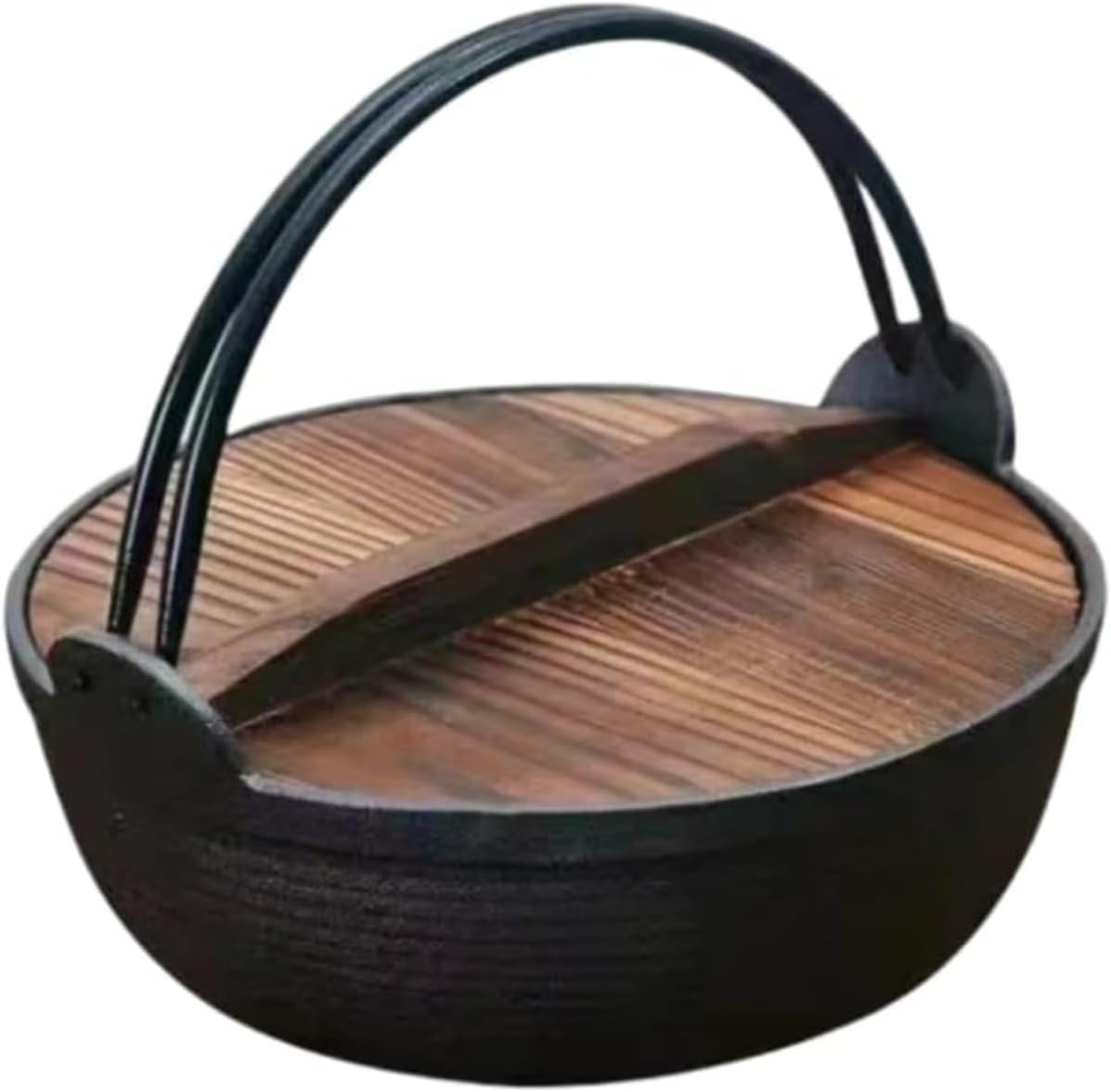 Nambu Ironware Round Iron Pot with Glass and Wooden Lids, Non-Stick, Thick