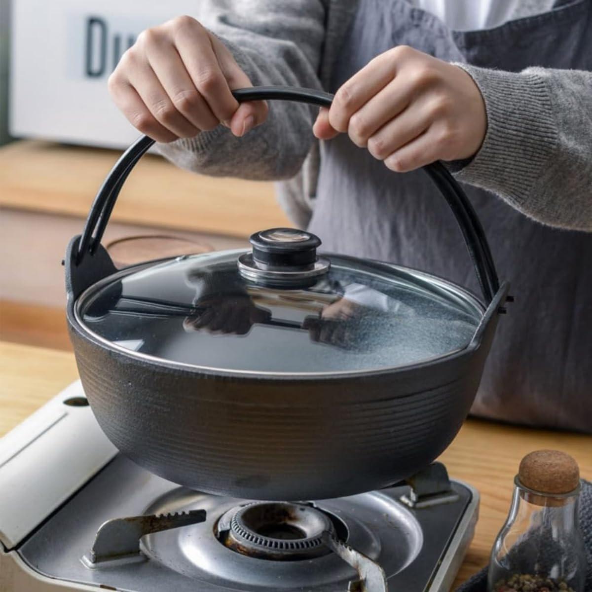 Nambu Ironware Round Iron Pot with Glass and Wooden Lids, Non-Stick, Thick