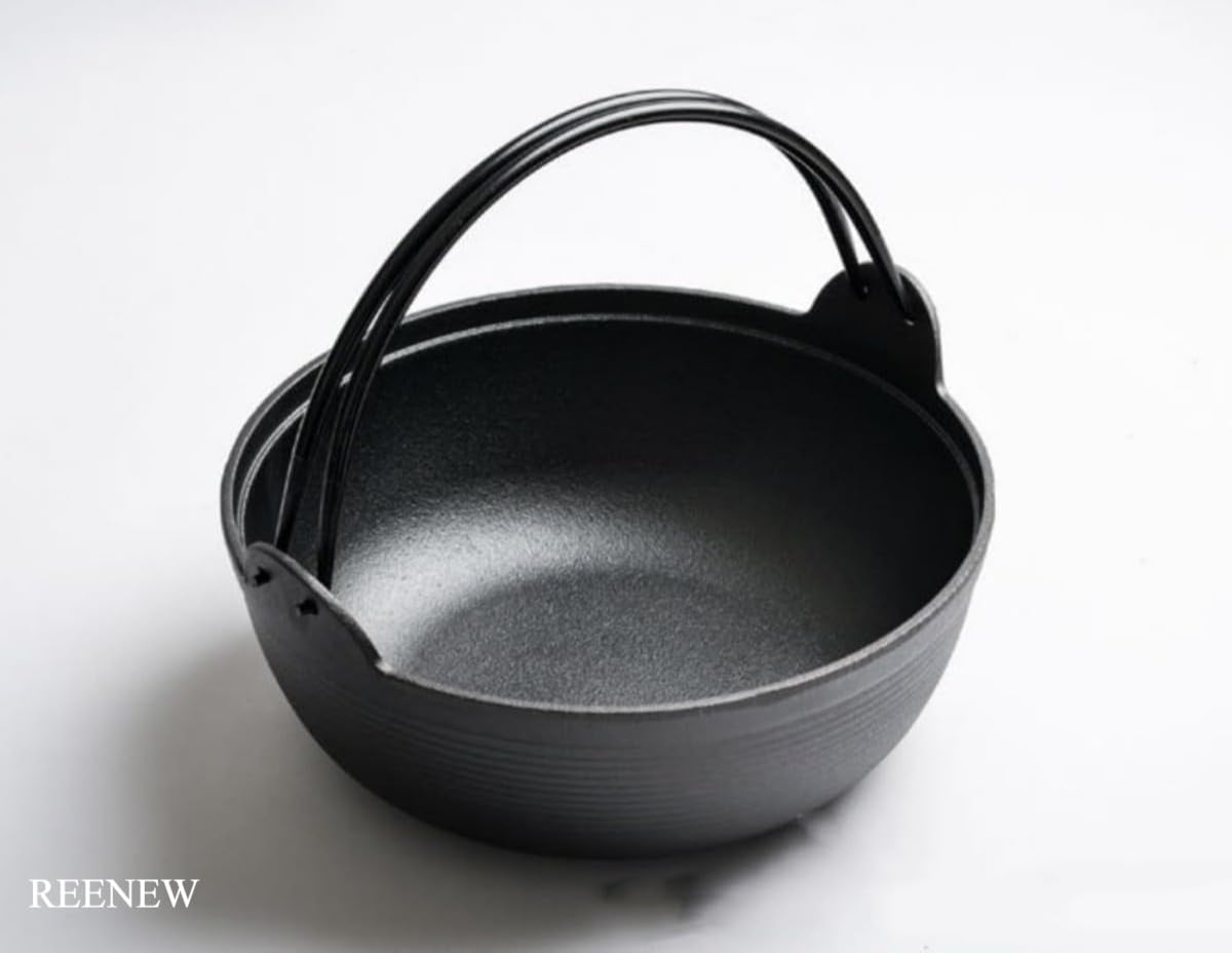 Nambu Ironware Round Iron Pot with Glass and Wooden Lids, Non-Stick, Thick