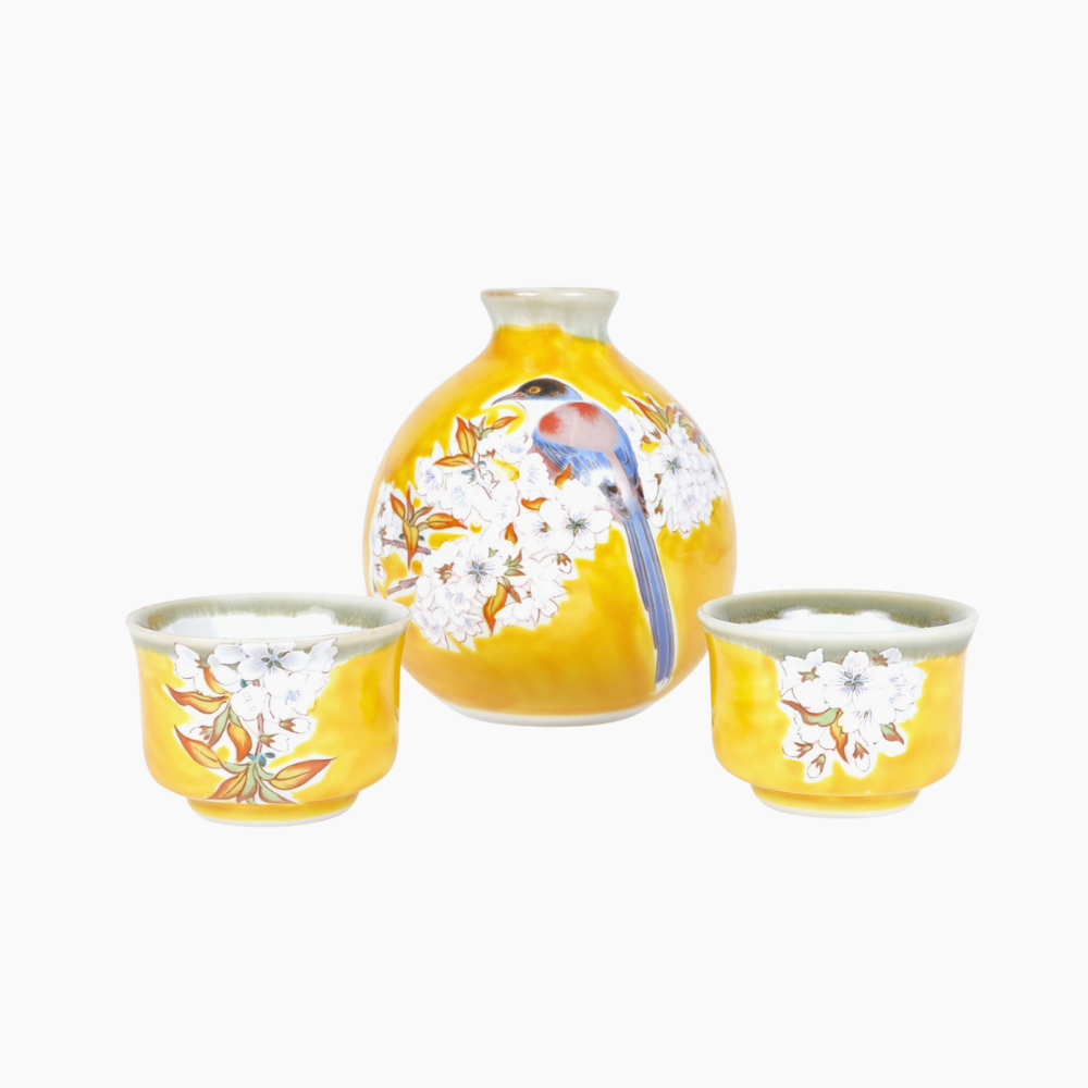 Kutani Yoshidaya Bird on Cherry Blossom Sake Set