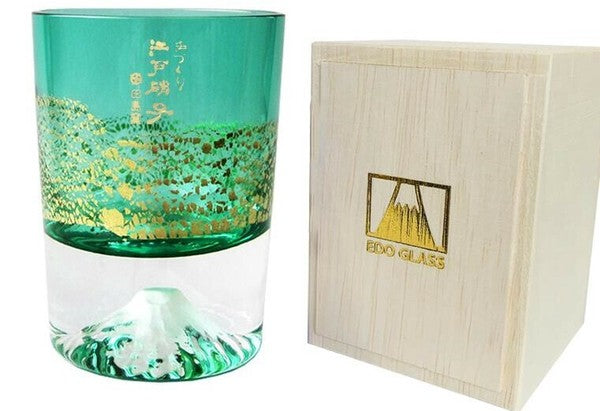 Gold Leaf Fuji Cold Sake Cup Green Tajima Glass for Junmai Daiginjo from Japan